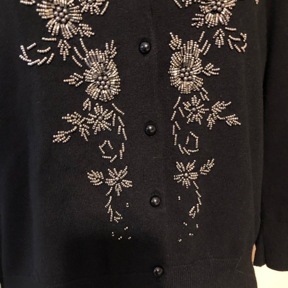 Sz L Spense Silver Beaded Floral Black Cardigan - Picture 6 of 9